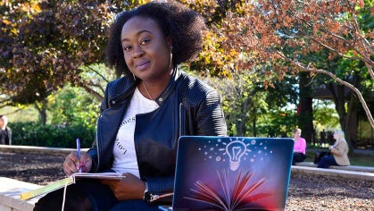 laptop, woman, POC, outside, portrait