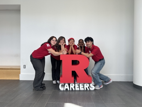 Students posing with the R Careers Block